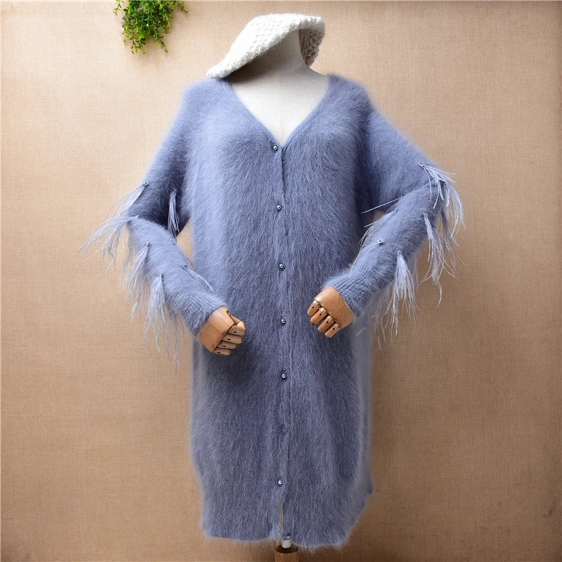 

female women autumn winter clothing hairy mink cashmere knitted long sleeves tassel v-neck loose cardigan angora coat sweater
