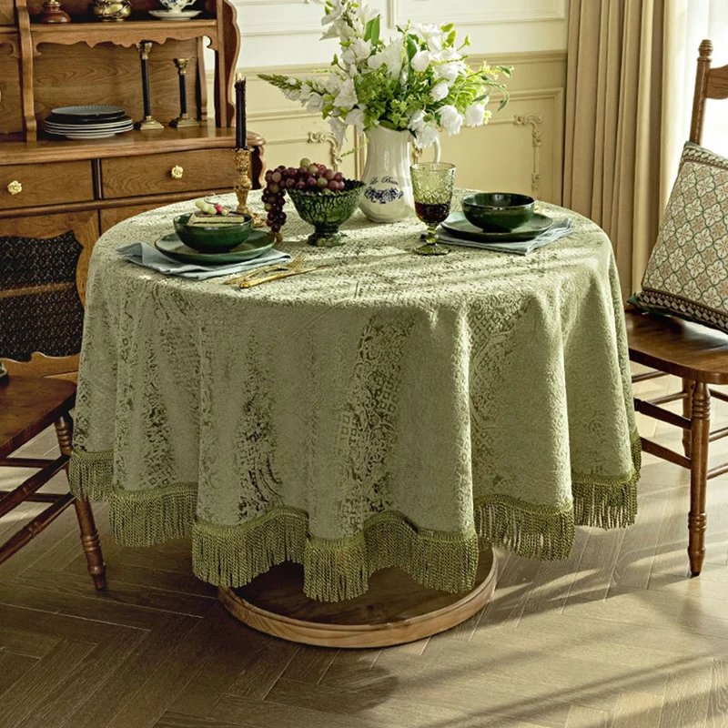 

Green Jacquard Round Tablecloth Home Decoration Retro Table Cloth Dining Room Tassel Table Cover Dinner Party Coffee Tablecover