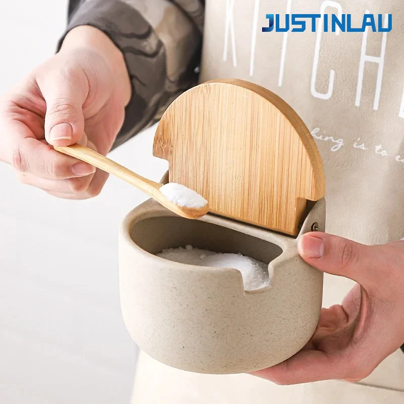 Ceramic Spice Jar with Bamboo Lid for Kitchen Storage