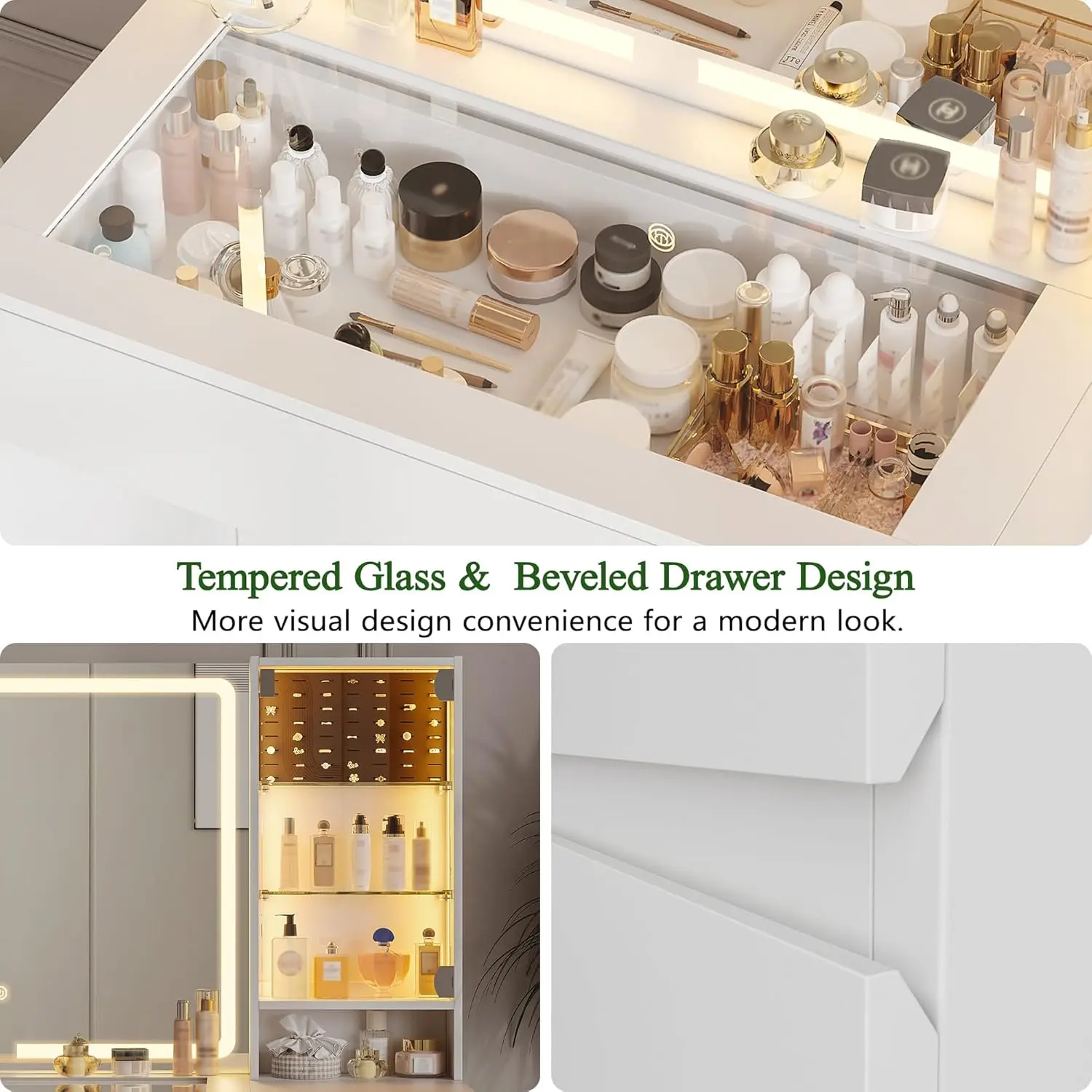 41" Vanity Desk with Power Outlet, Makeup Vanity with Mirror and Lights, 3 Lighting Modes, White Vanity Table with Glass Top