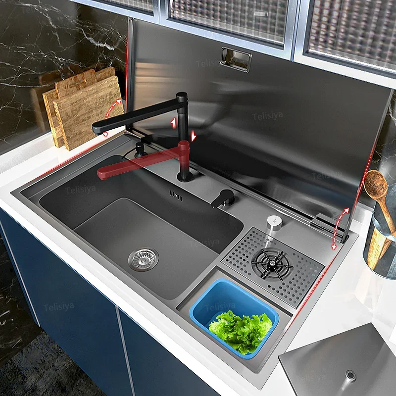 

Hidden Cup Washer Sink with Cover Panel Stainless Steel Kitchen Sink with Trash Can Large Single Slot Multifunctional Wash Basin