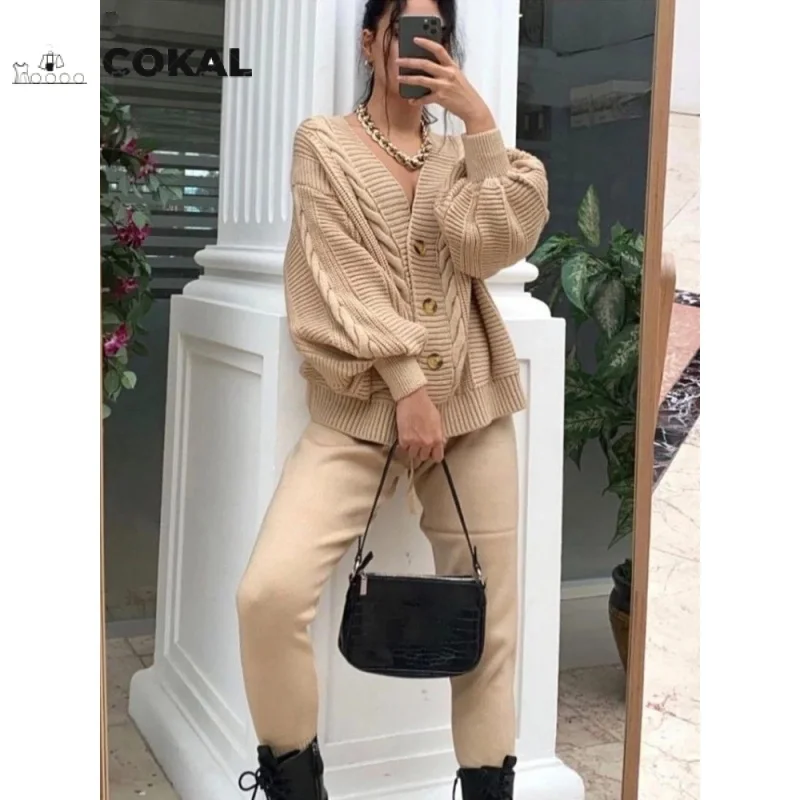 

COKAL new women's suit sweater cardigan fashion casual top with deep V-neck solid buttons in autumn and winter