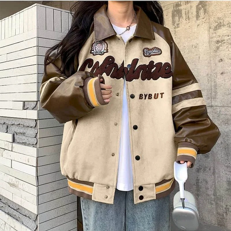 thumbnail image 1 of Chaquetas para mujer, estilo coreano, chaquetas de béisbol holgadas, sudaderas con capucha de retazos de cuero, cárdigans, abrigos vintage de manga larga, blusas para mujer, 1 of 5