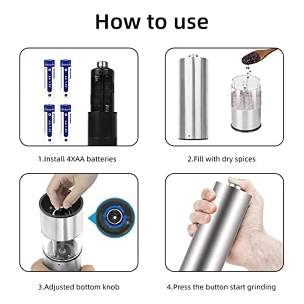 304 Stainless Steel Electric Salt and Pepper Grinder Set Battery Power Adjustable Thickness Mill with Led kitchen Grinding Tools