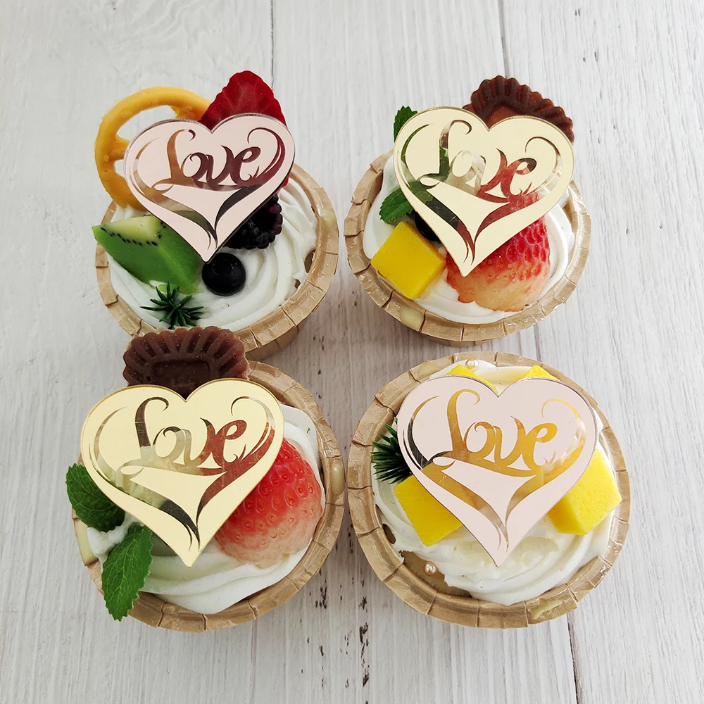 5Pcs Valentine's Day Cupcake Toppers Rose Gold Love Heart Cake Topper Dessert Cake Decoration Valentine's Day Party Baking Tools