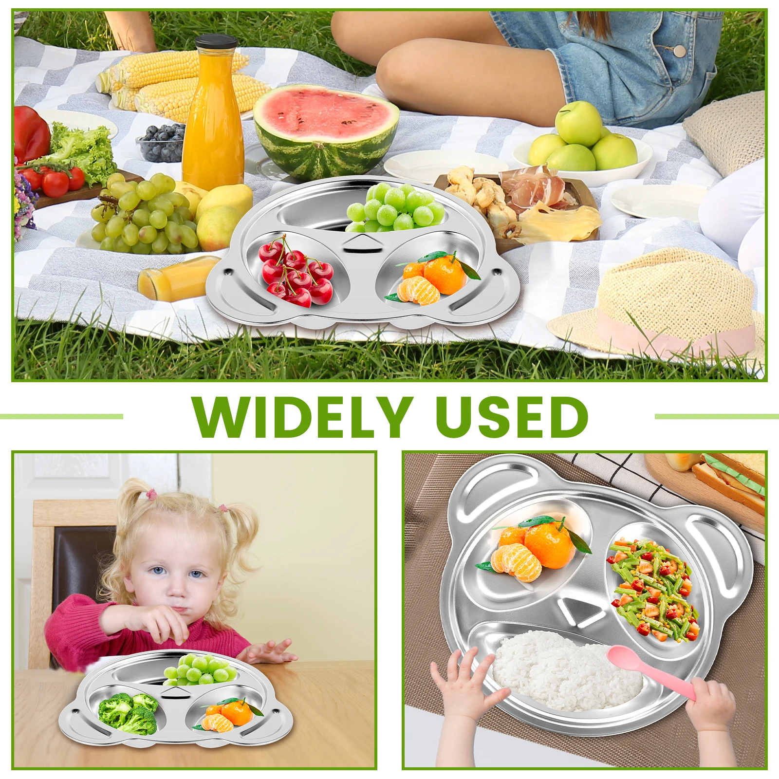 3Pcs Stainless Steel Divided Plates for Adults Kids 3 Sections Lovely Panda Shape Divided Plates Dishwasher Safe Metal