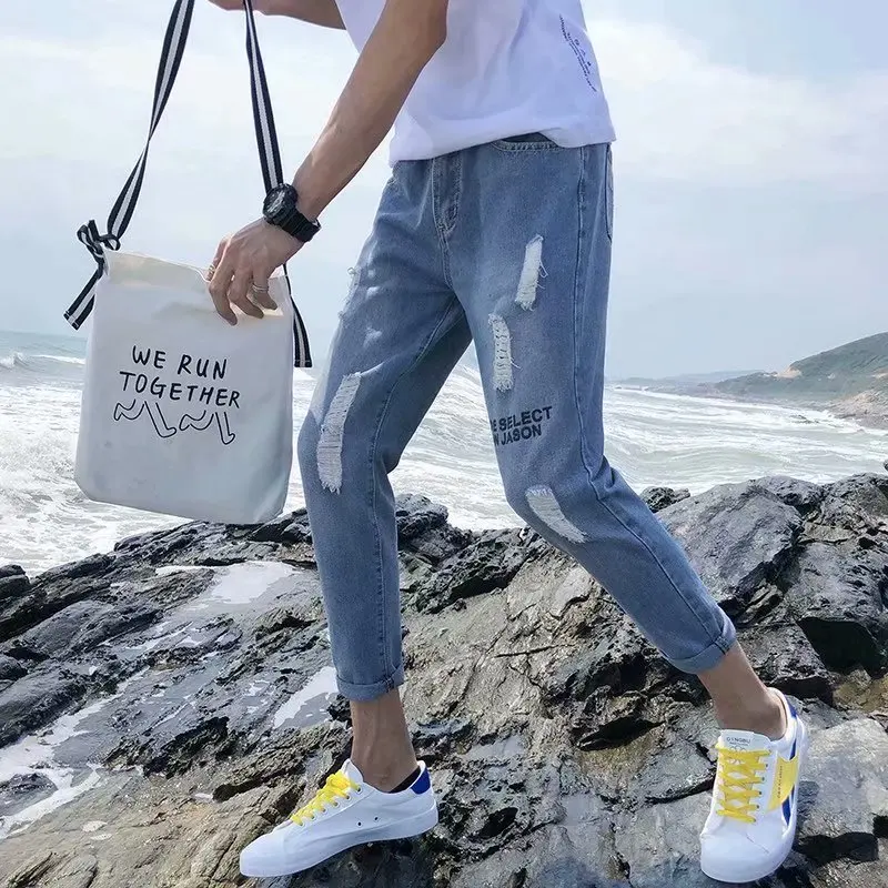Spring Summer 2022 Fashion Casual New Style Slim Ripped Hole Jeans Male Students Korean Trend Daddy Wide-legged Feet Ankle Pants