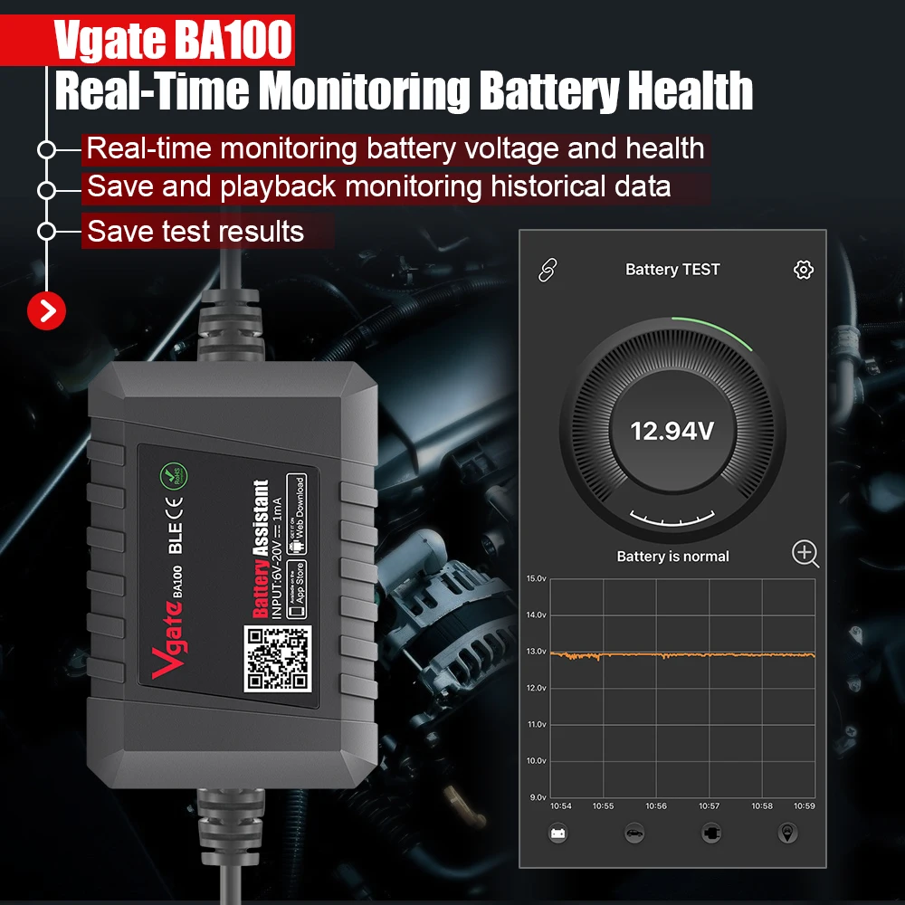 Ba100 Testeur de batterie de voiture 12V Moniteur Bluetooth 4.0 Assistant  de batterie de voiture Travailler avec iOS et Android Ph