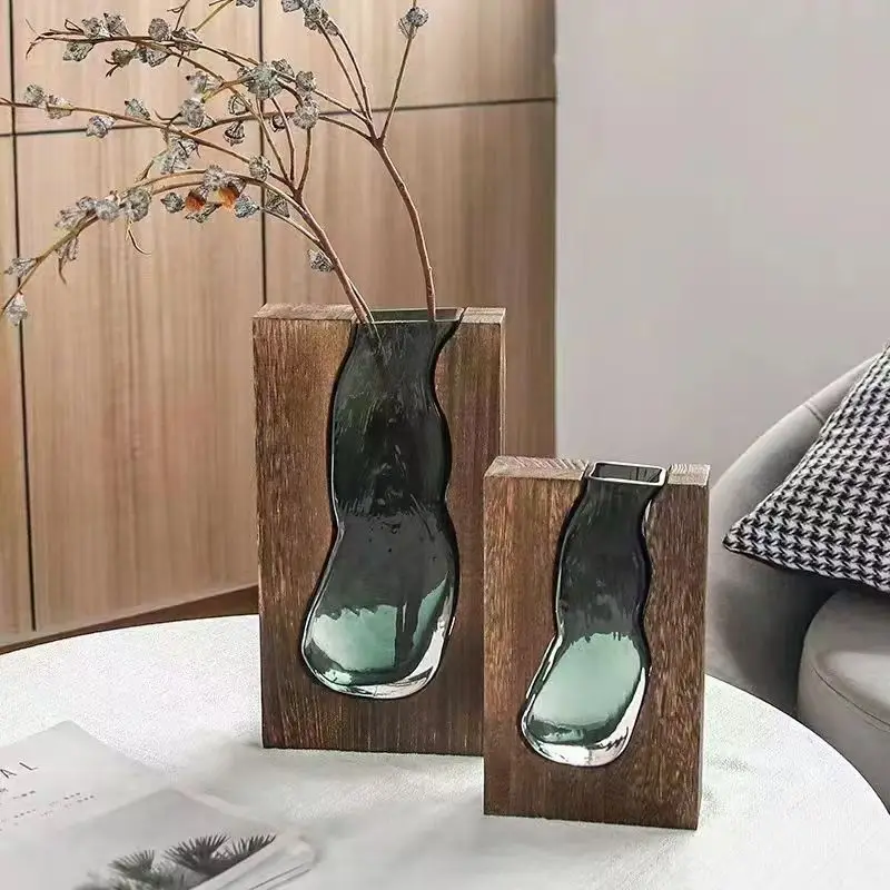 Solid Wood Transparent Glass Vase for Home Decor Crystal Flower Vase Modern Centerpiece for Living Room/Hotel Lobby Decoration