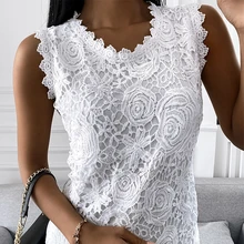  Vintage Lace Jacquard T-Shirt Women Summer Sleeveless Solid Color Vest Top Ladies Casual O-Neck Camisole Tank Shirts Plus Size 