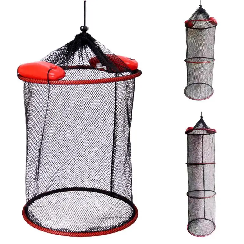 Fish Basket Foldable Drawstring Floating Fishing Net Portable Folding Fishing Bait Storage Cage Mesh Basket Live Caught Fish