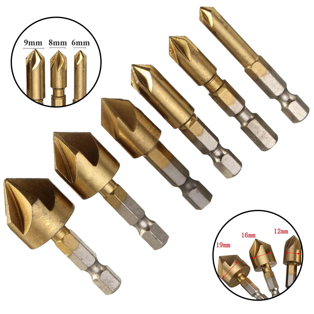 5 Flute 90 Degree Countersink Drill Bit 1/4Inch Hex Shank Chamfer Cutting Woodworking Hole Opener For Wood Metal Drilling Tool