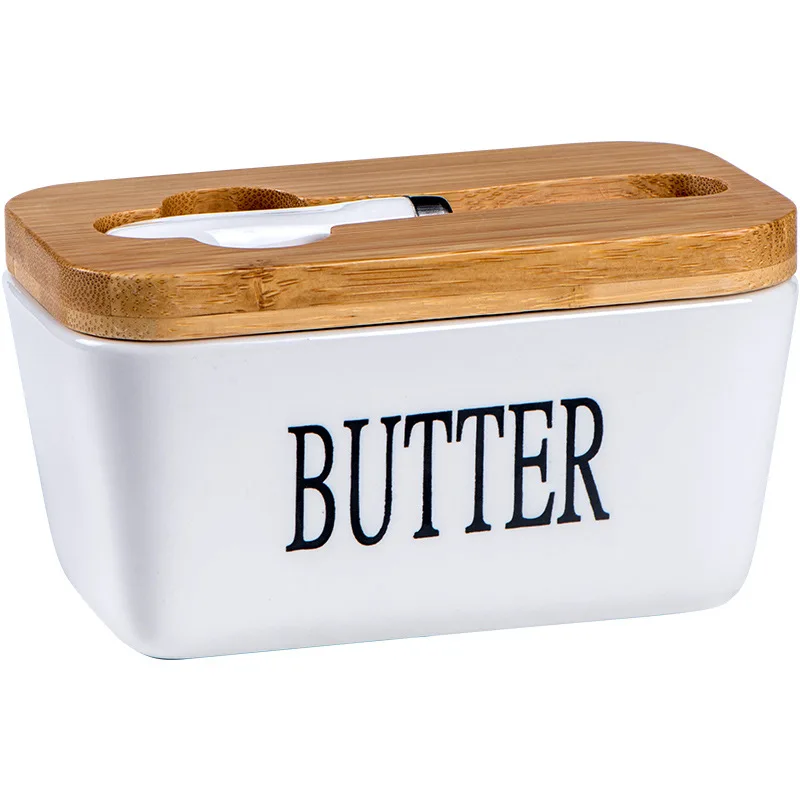 Butter Container Ceramic Box Restaurant Sealed Storage Box Cheese Dish with Knife Bamboo Lid Butter Slicer Tableware