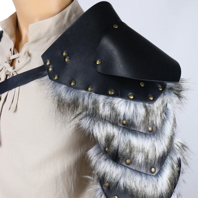 Adjustable Men's Black PU Leather Shoulder Armors with Furry Designs Medieval Shoulder Pauldron Decors for Carnivals