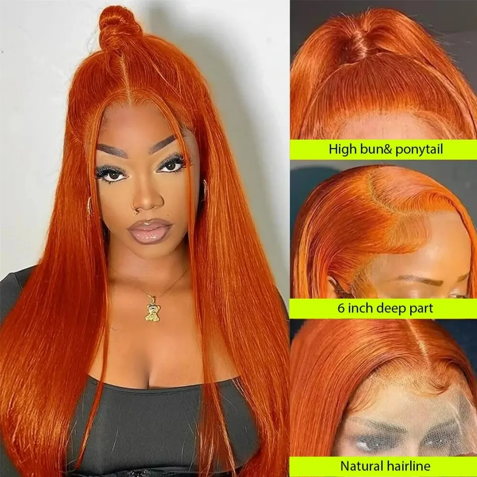 Ginger 13X6 Hd Lace Frontal Wig Straight Human Hair Wigs Orange Colored Preplucked 250 Density 100% Human Hair For Women 36 Inch