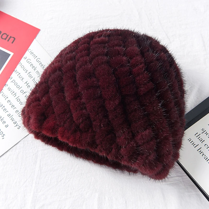 Russia Winter Lady Natural Mink Fur Beanies Hat Knit Warm Striped Genuine Mink Fur Caps Women Good Elastic Real Hat