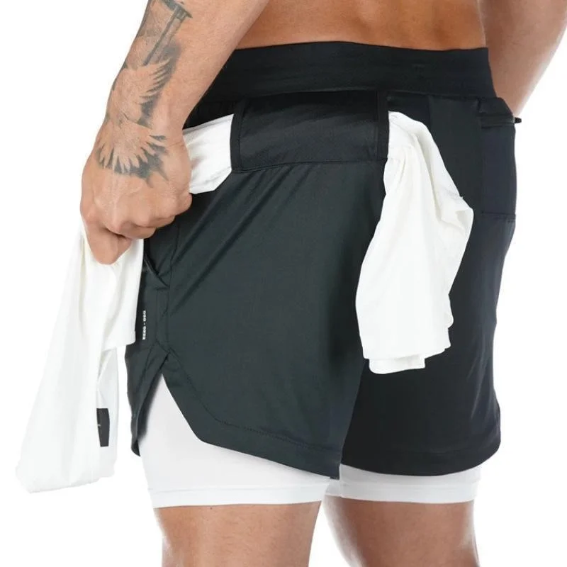 New Fashion Men's 2-in-1 Training Running Shorts Lightweight Training Yoga Fitness Shorts with Zippered Pockets