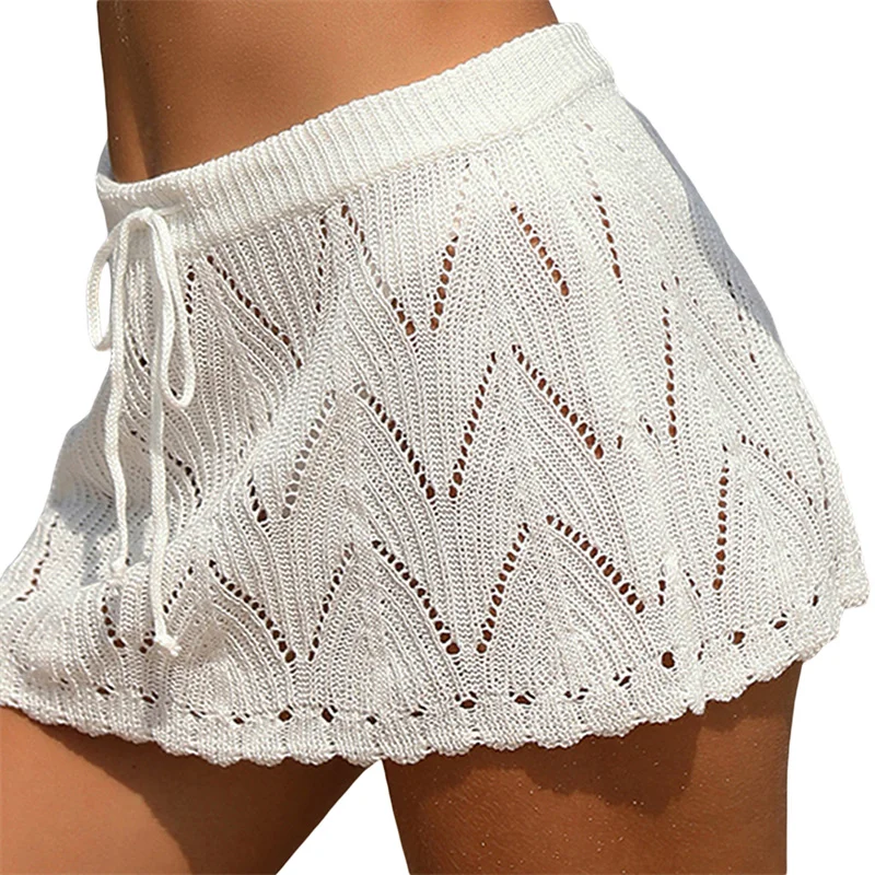 Falda de playa para mujer, de verano, de color liso, con cordón, de cintura alta, de punto, minifalda, traje de baño informal
