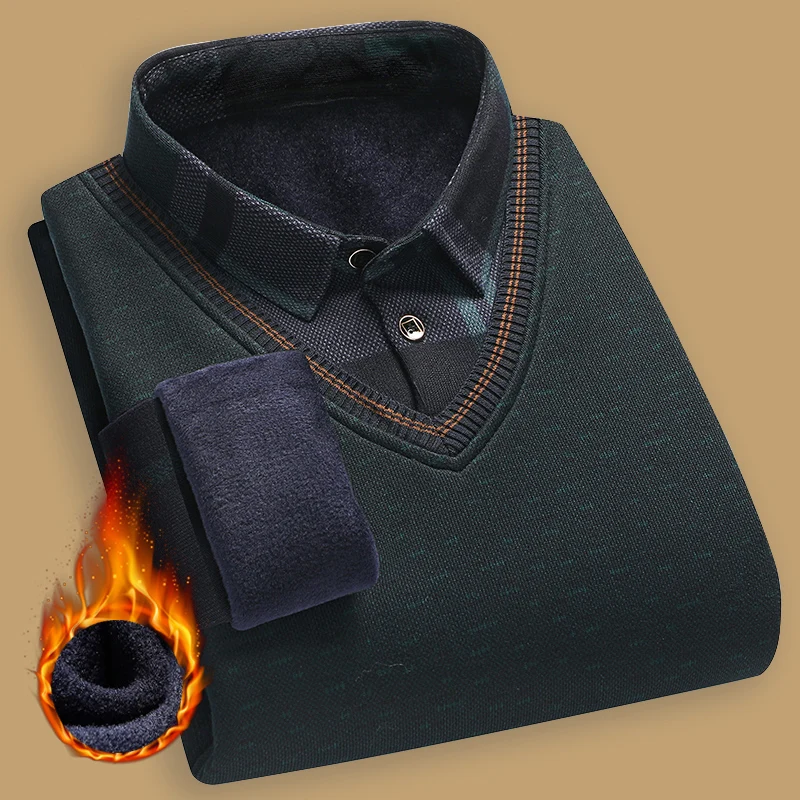 New Autumn Winter Sweaters Men's Velvet Pullover Knitted Bottom Shirts Men's Polo Pullover Wine Red Fleeced Knitwear 3