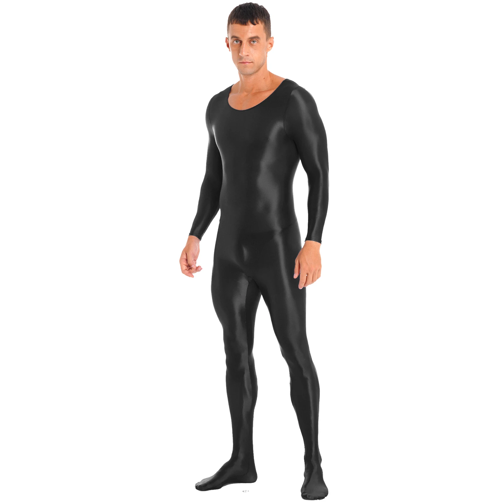 Men Glossy Bodystocking Smooth Long Sleeve Oil Shiny Full Body Bodysuit Tights Swimsuit Gym Fitness Rash Guard Swimwear Jumpsuit