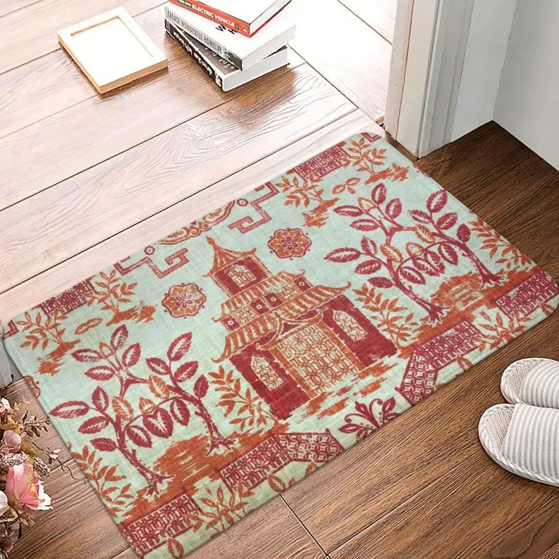 

Custom Vintage Richloom Teahouse Toile Chinoiserie Pagoda Doormat Mat Anti-Slip Oriental Style Kitchen Living Room Rug Carpet