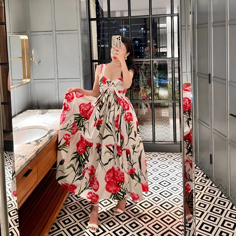 

Top Quality Summer Empire Sweetheart Neck Decorative Bow Ruched Bodice Flounce Hem Back Cut-out Carnation Print Women Midi Dress