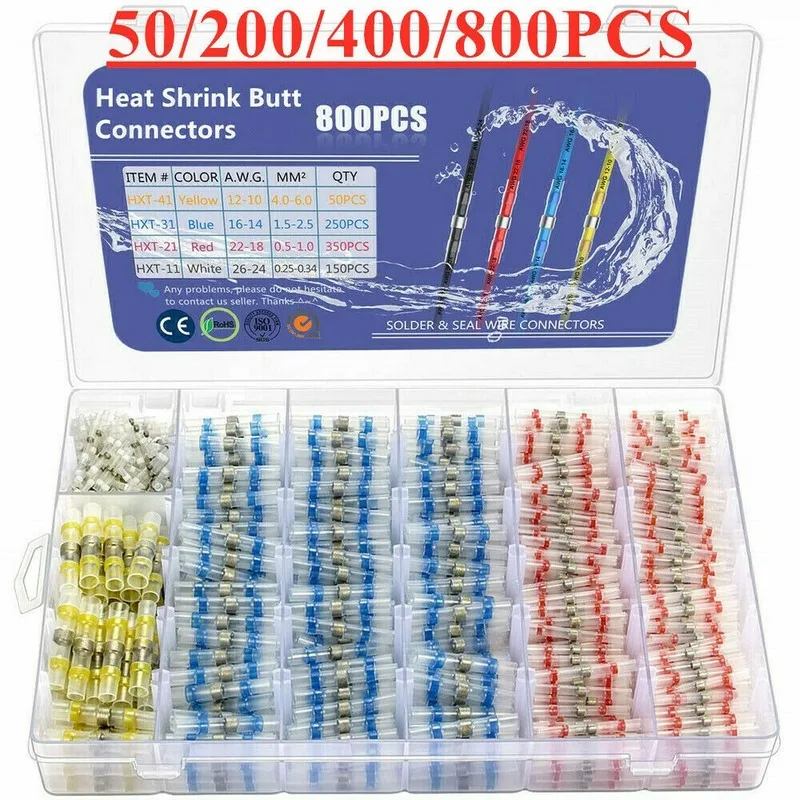 

800pcs Solder Seal Wire Connectors Waterproof Electrical Wire Terminals Butt Splice Heat Shrink Insulated Cable Crimp Automobile