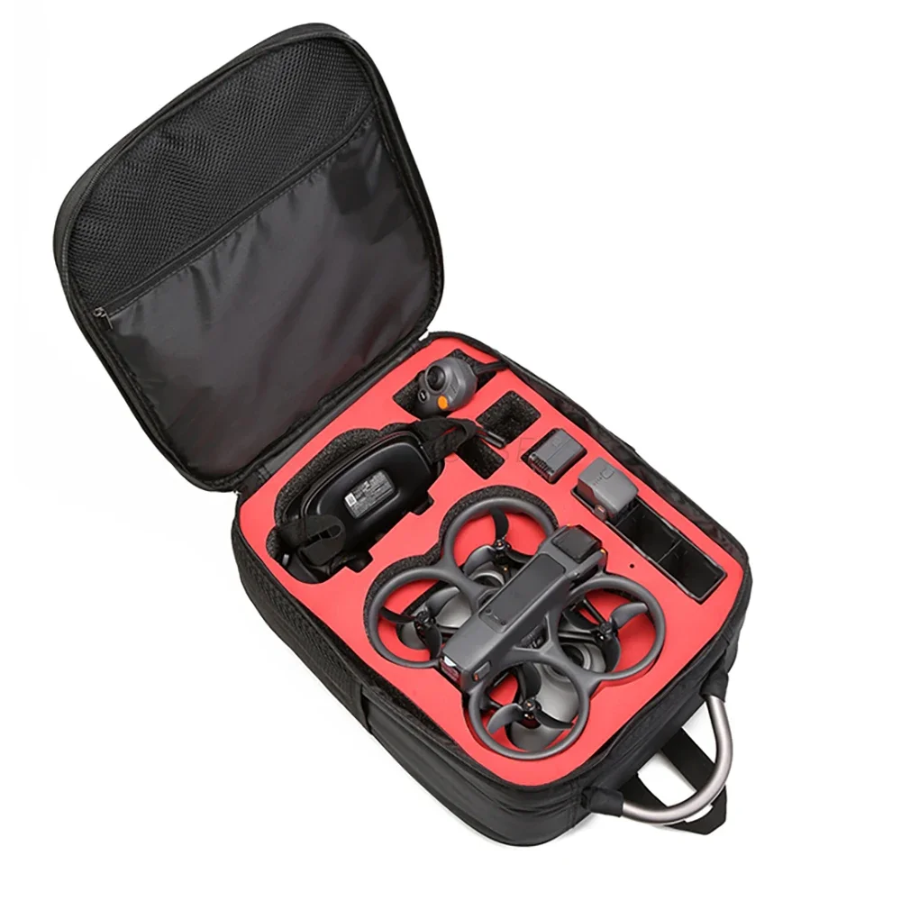 Sac de rangement pour DJI Avata 2 et Avata posé sur une table, avec le drone visible à l'intérieur, protection optimale.