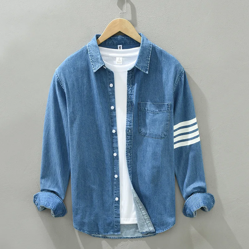 Long Sleeve Denim Shirt for Men Pure Cotton Casual Cowboy Tops Clothing Male Stripes Button Up Shirt