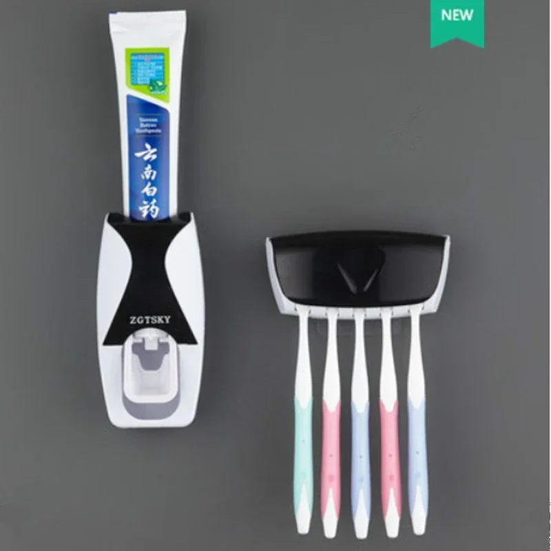 Dispensador automático de pasta de dientes para montaje en pared, soporte para cepillo de dientes a prueba de polvo, juego de accesorios de baño para montaje en pared, exprimidor