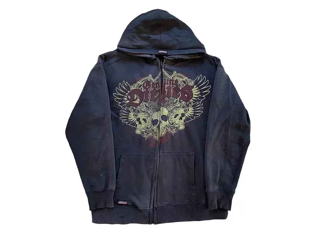 Y2K Vintage Gothic Trend Skull Print Zip Up Hoodies 2024