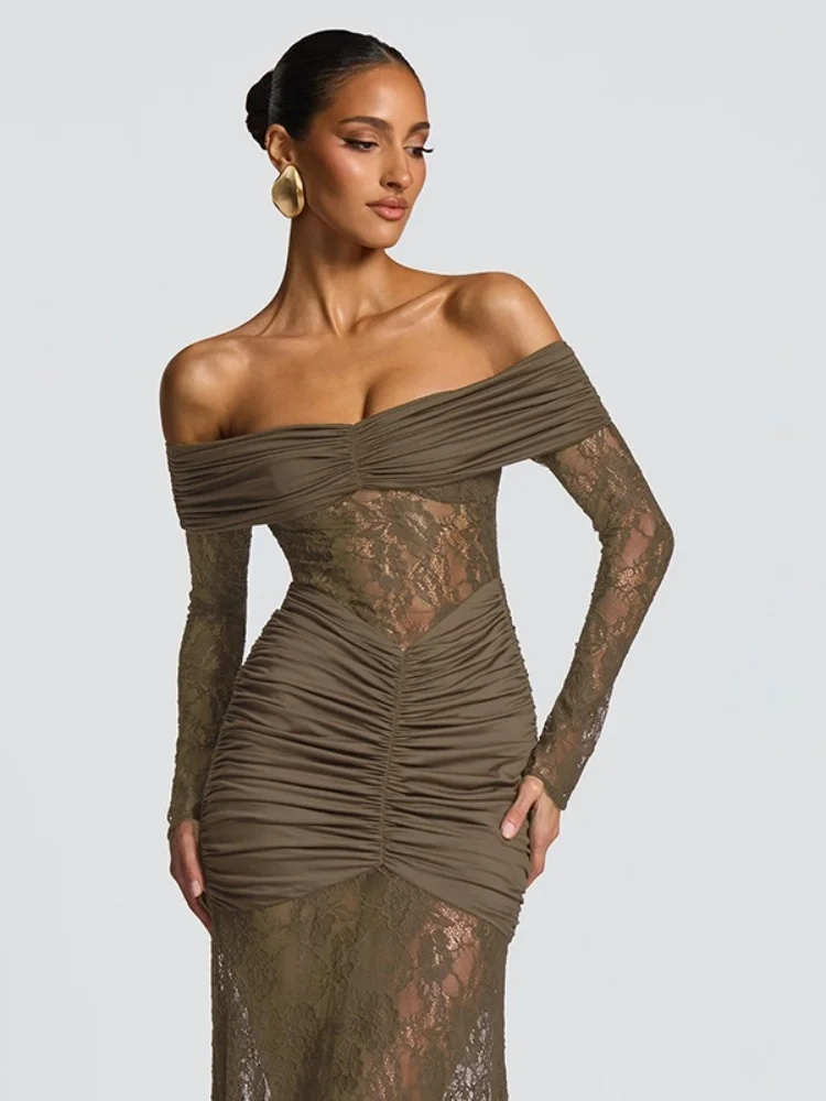 Wmstar Dress Wholesale Women Dresses with Lace Patchwork One Shoulder Slit Long Sleeved Pleated Long Skirt One Pieces 2025