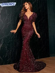 Luxurious Sequins A-Line prom Dress 2024 Sexy  V-Neck Evening Dresses Charming Short Sleeves Floor-Length Gown Vestidos De Novia
