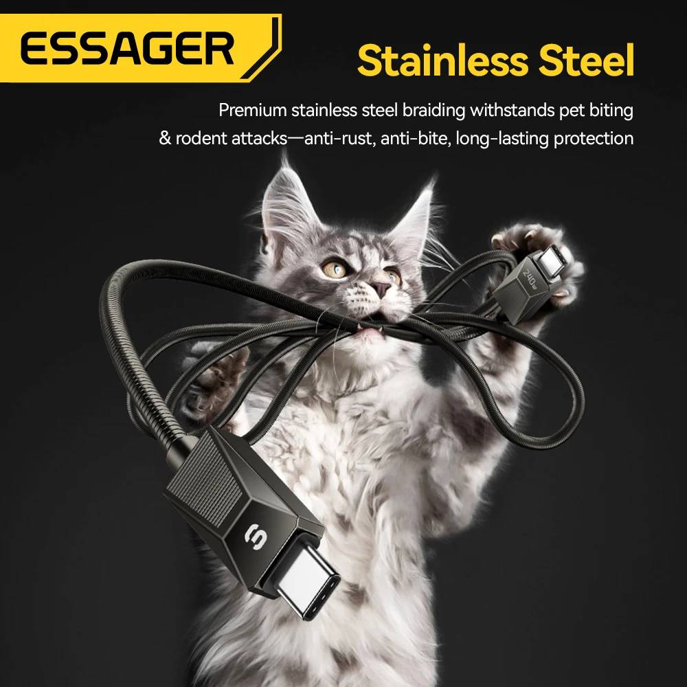 Essager 240W Super Fast Charge Type-C Cable 100W Fast Charging Stainless Stee Data Wire 5A For Macbook iPad iPone 16 15 Pro Max