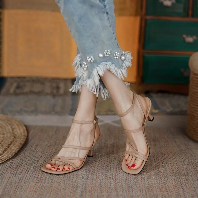 Women's Summer Ankle Strap Sandals Open Toe High Heels Party Lady Fashion Beige Apricot One Word Buckle