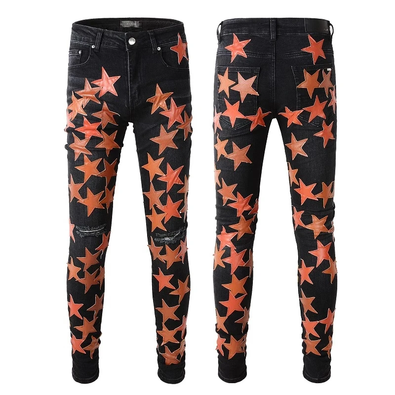 

New Fashion Brand Black Orange Star Patch Knife Cut Starry Patched Men's Jeans High Street Jeans For Men Slim Male Denim Pants