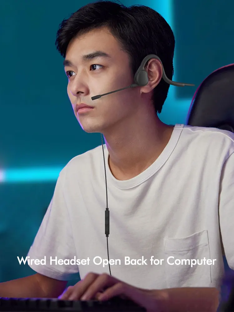 Open-Ear USB Headphone for PC Laptop Wired Headsets with Boom Mic Lightweight Earbuds for Business Office Meeting Gaming Wired