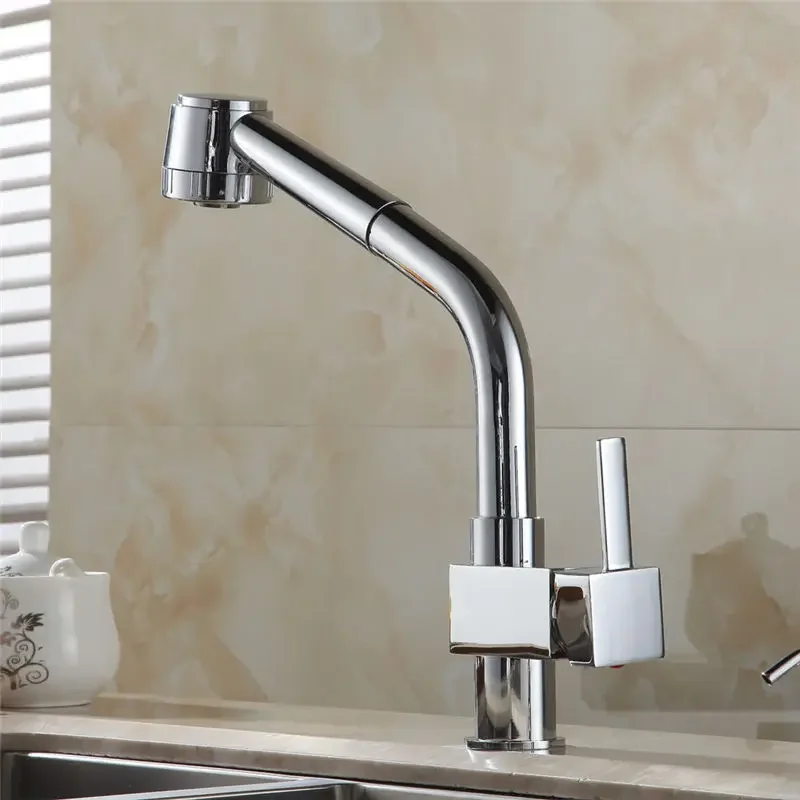 

Chrome Silver Brass Kitchen Sink Faucet Tall Pull Out Spray Single Lever Deck Hot Cold Mixer Water Tap GYD-5104LKitchen Faucets