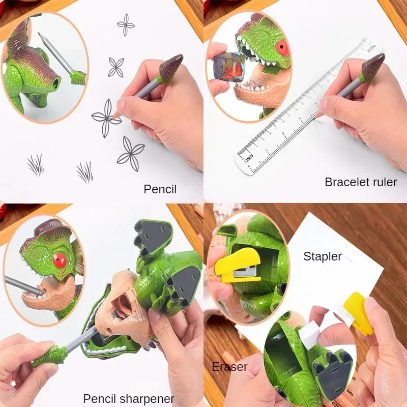 THCbme 5-in-1 Dinosaur Stationery Set - Multi-Functional Pencil Case With School Supplies, Green T-Rex Design