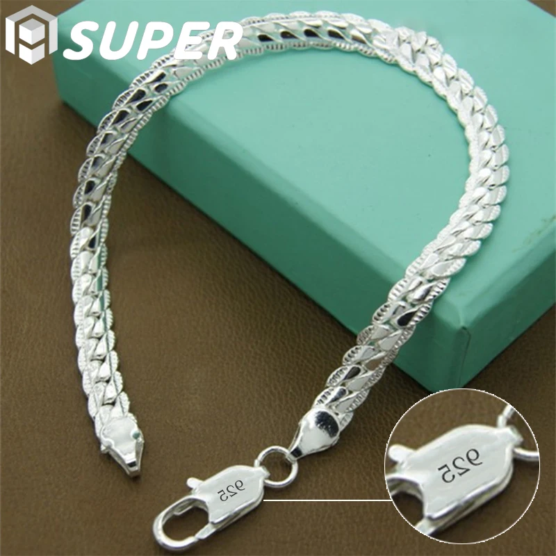 

925 Sterling Silver Bracelet 6mm 18/19/20cm Flat Side Chain Lobster Clasp For Woman Man Wedding Engagement Jewelry