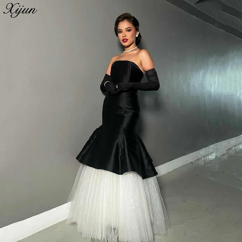 

Xijun Elegant Mermaid Tulle Wedding Dresses Black And White Gift Long Sleeves Floor Length A-Line Bride Gown Formal Prom Dress