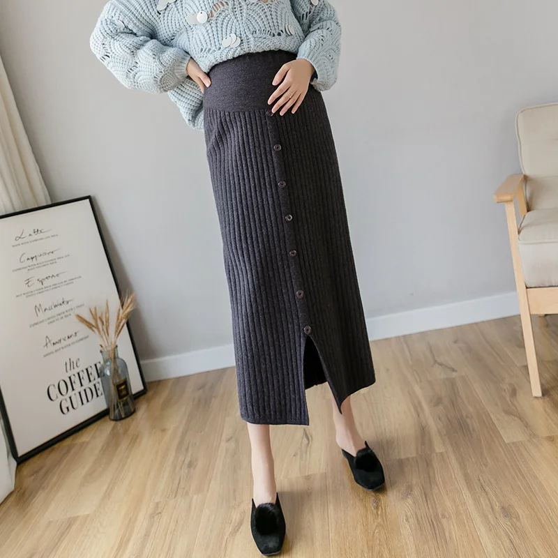 Autumn Maternity Clothes Slim Hip Pregnant Women Long Knit Skirts Adjustable Waist Pencil Skirt Button Fly Split Pregnancy Skirt