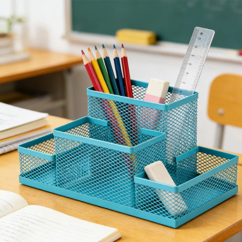 Elegant Iron Art Pen Holder Storage Box – Minimalist Square Desktop Organizer