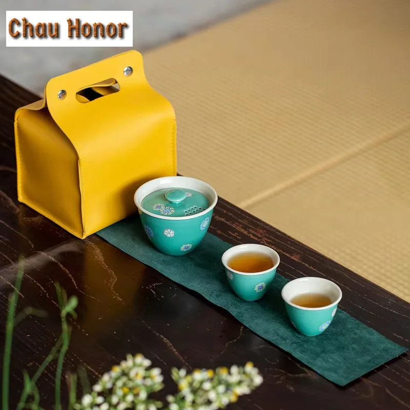 Turquoise Ceramic Travel Tea Set 1 Pot 2 Cups Tea Maker Portable Teapot Kung Fu TeaSet Teaware Outdoor Travel Tea Set Drinkware