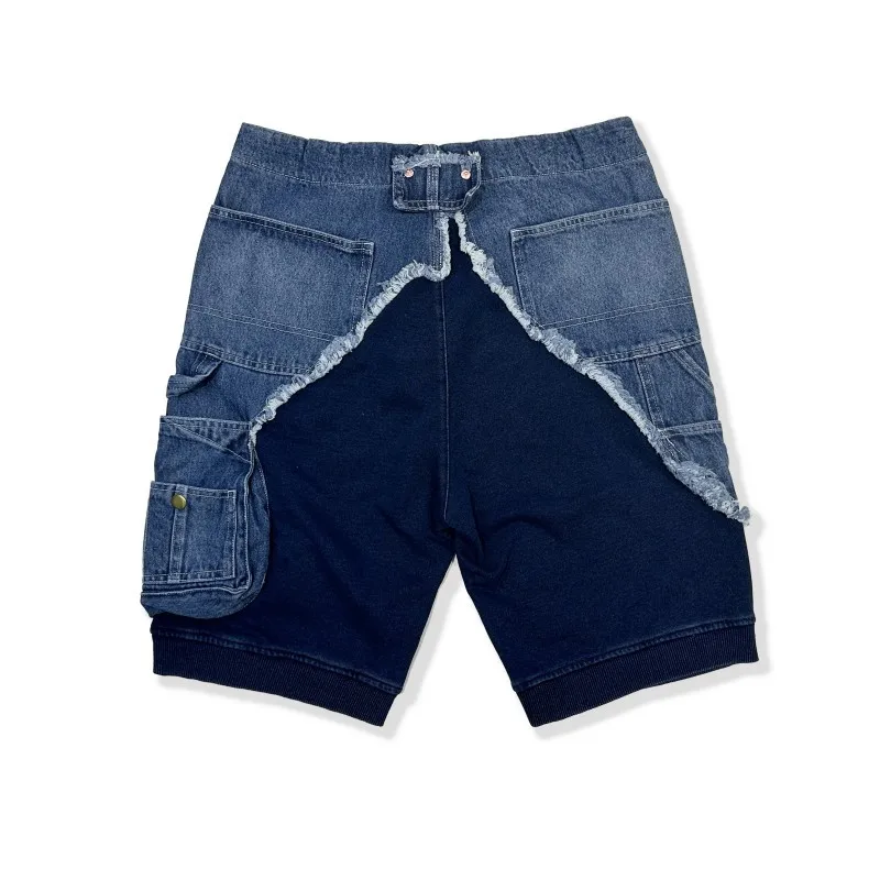 ABOORUN Hi Street Men's Patchwork Denim Shorts Multi Pockets Cargo Shorts for Male