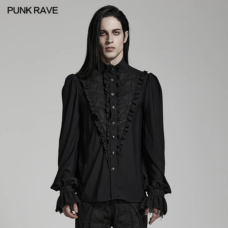 

Punk Rave Goth chiffon stand collar Men's Black Gorgeous shirt WY1486