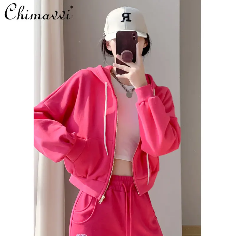 

Rose Red Hoodies for Women 2023 Autumn and Winter Fleece-Lined Thickened Multi-Color Loose Hoodie Slim Short Midriff-Baring Coat