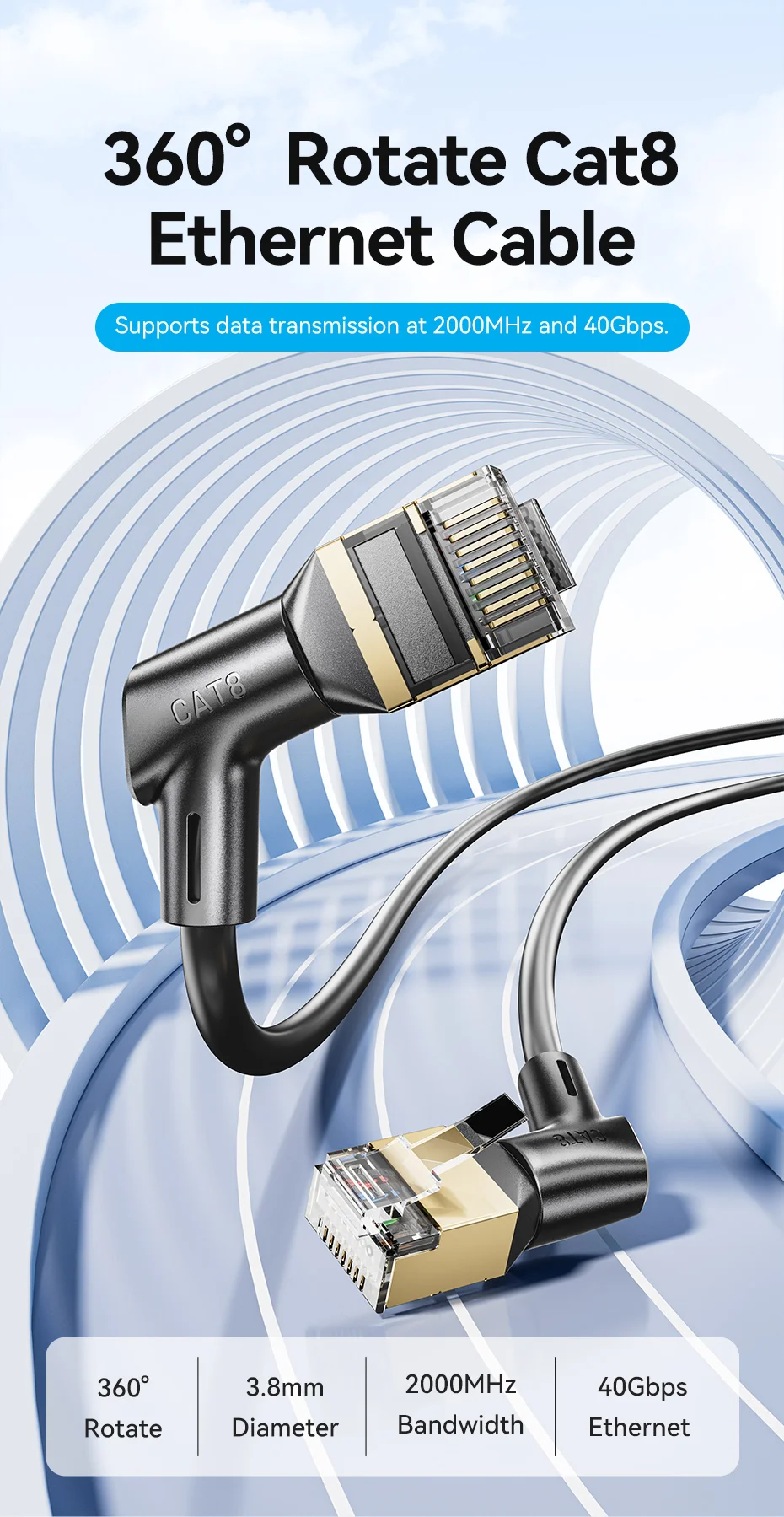 Vention CAT8 360 Grad Ethernet Drehkabel 40 Gbit/s 2000 MHz CAT 8 Netzwerk Internet Lan Kabel für PS3 PS4 PC Router RJ45 Kabel – Detail 1
