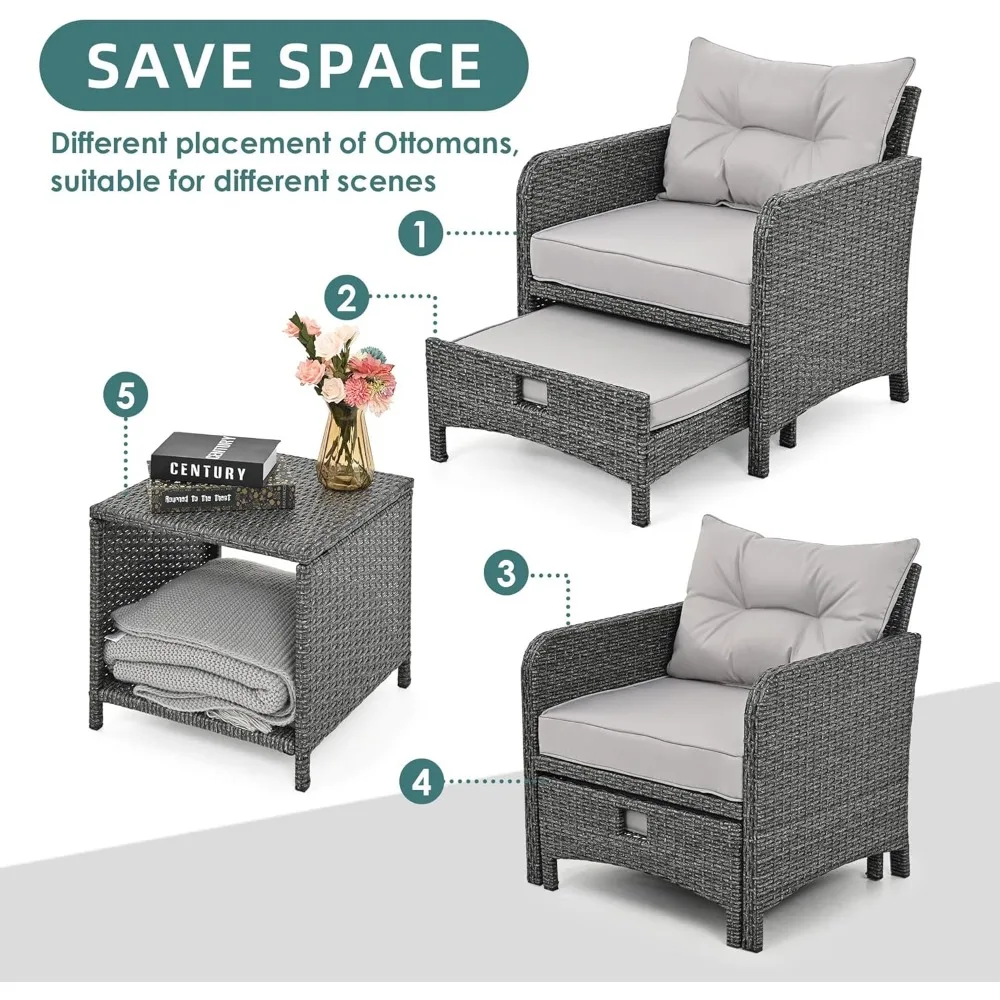 5 Pieces Outdoor Patio Wicker Chairs Set with Ottoman Outside Conversation Furniture Set with Cushions and Coffee 6