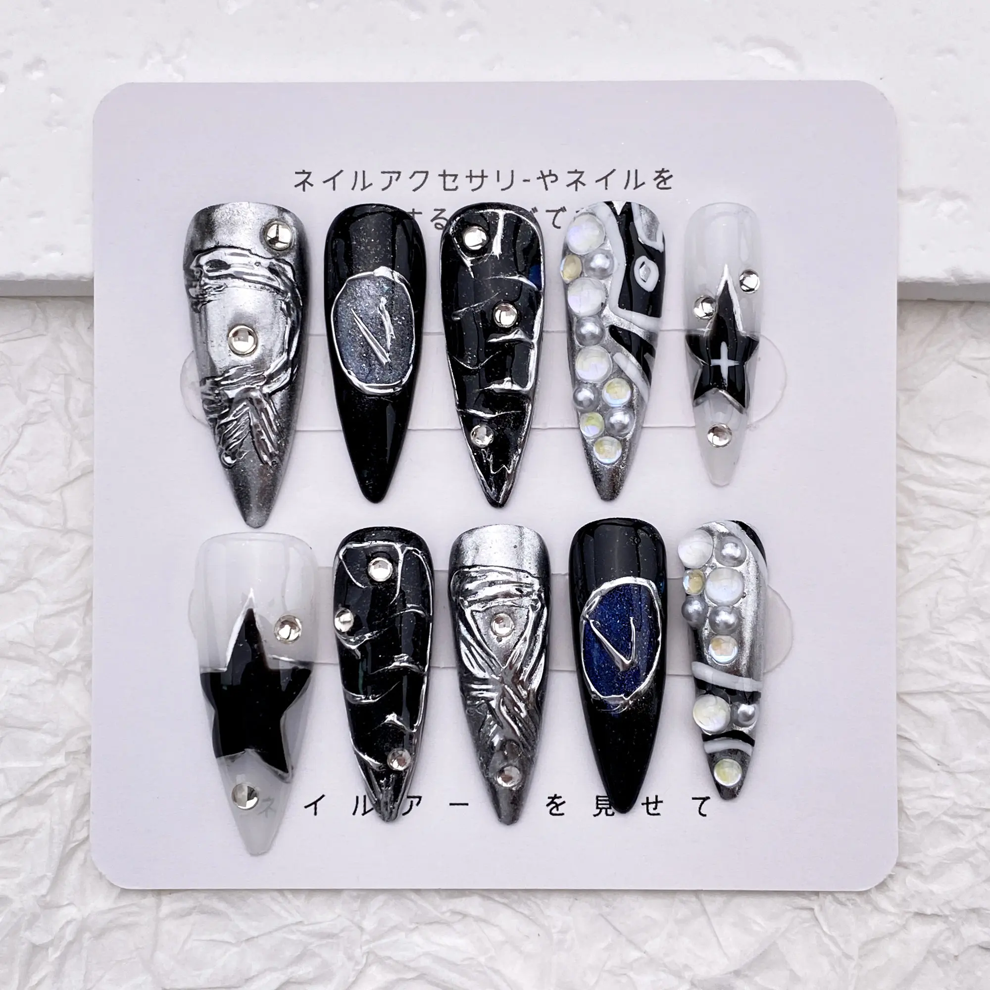 

Classy Black and Silver Nail/Really Long Stiletto Nails/Handmade Press on Nails/Fashion Chrome Nail Design/Gothic Cool Punk Nail